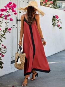 Selianne Vestido de tirantes de espagueti con bloque de color para mujer de vacaciones - Burdeos - Ver 1