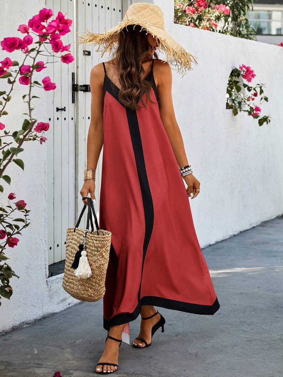 Selianne Vestido de tirantes de espagueti con bloque de color para mujer de vacaciones - Burdeos - Ver 1