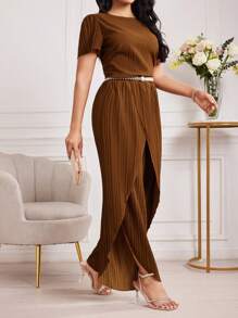 Seusyu Bộ 2 món áo thun cổ tròn tay ngắn mùa hè và quần ống rộng vải họa tiết - màu nâu - Xem 7