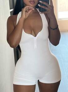 Slaydiva Women's Solid Color Casual Knit Ribbed U-Neck Zipper Closure Sexy Sleeveless Romper For Sports