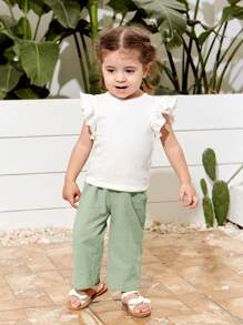 SHEIN Conjunto Casual De 3 Piezas Para Niña, Top Con Volantes En Las Mangas, Tirantes Y Pantalones Largos Con Cintura Elástica