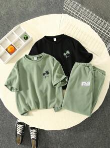 Tween Boys' Holiday Style Printed Round Neck Short Sleeve Tee 2 Colors + Solid Color Knitted Pants 3pcs/Set - Multicolor - View 1