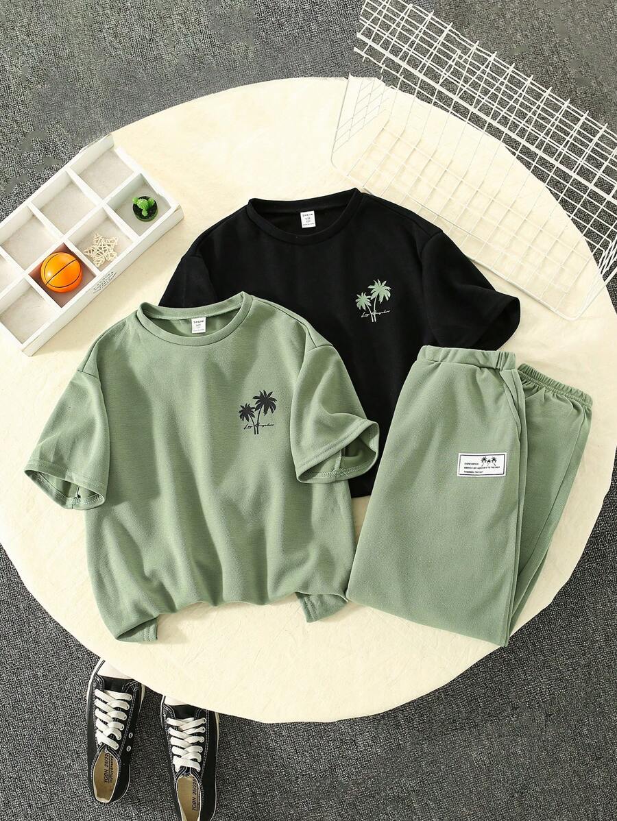 Tween Boys' Holiday Style Printed Round Neck Short Sleeve Tee 2 Colors + Solid Color Knitted Pants 3pcs/Set - Multicolor - View 1