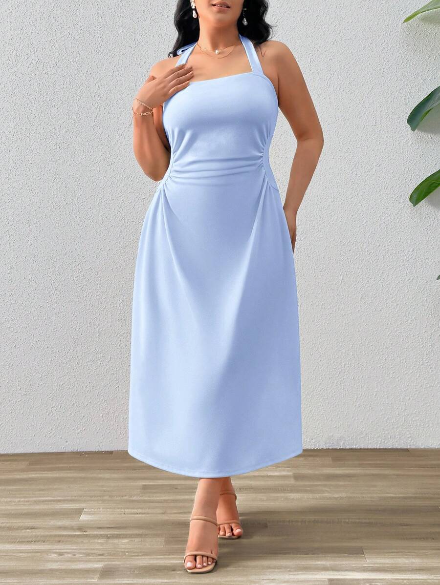 SHEIN Privé Plus Size Halter Neck Sleeveless Pleated A-Line Midi Dress In Light Solid Color, Suitable For Daily And Date - Baby Blue - View 1