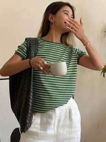 Livesso Women's Striped Round Neck Slightly Loose Fit Short Sleeve T-Shirt Summer Easter - Green - View 5