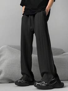 男士时尚休闲宽松提花开衩直筒裤 - 黑色 - 查看 5