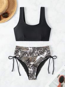 SHEIN Swim Summer Animal Printed Spliced Round Neck Bikini Set - Black - View 1