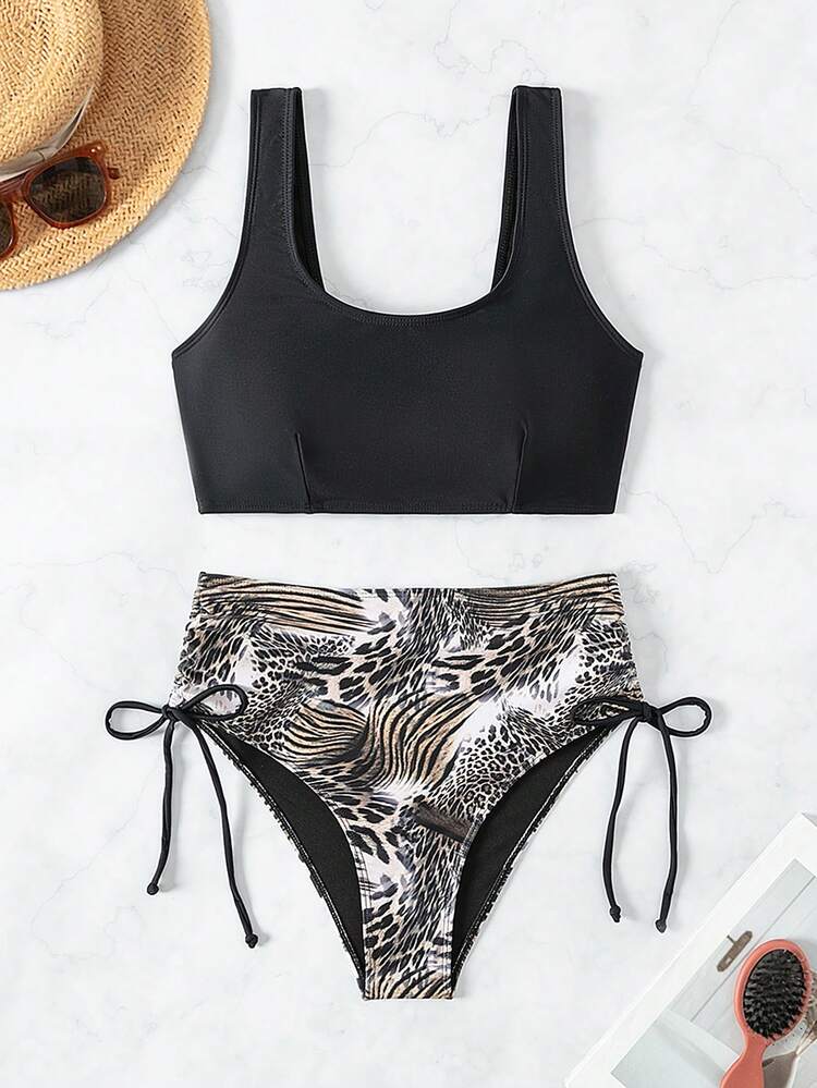 Summer Animal Printed Spliced Round Neck Bikini Set