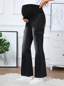 Quần Jeans Ống Loe Lưng Cao Quần Jeans Công Sở Cho Bà Bầu Có Túi - màu đen - Xem 7