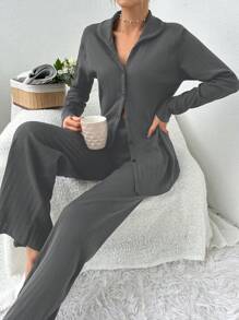 RueChic Shirt Style Buttoned Striped Dark Blue 2-Piece Pajama Set - Grey - View 1