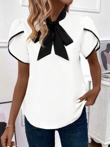 SHEIN Clasi Women Summer Color Block Ribbon Collar Petal Short Sleeve Loose Casual Shirt