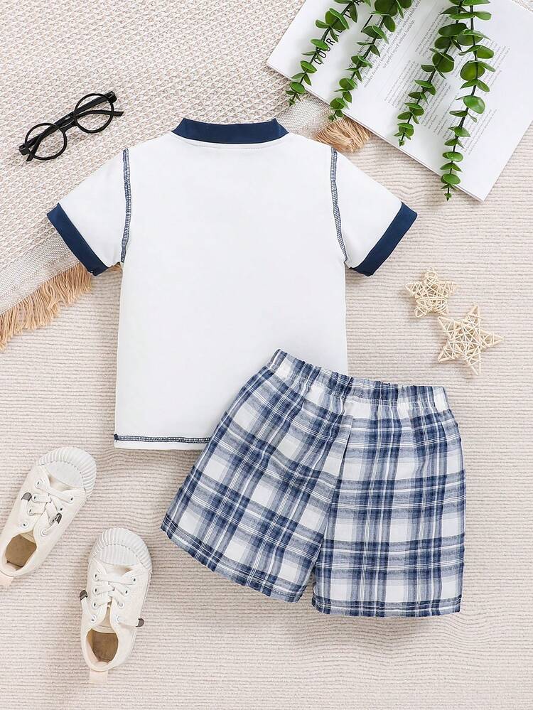 Baby Boy Summer Short Sleeve Top And Plaid Shorts Set