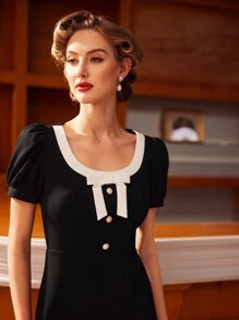 SHEIN DECDS Nữ Cổ điển Màu sắc Thanh lịch Khối Cổ tròn Nơ Bong bóng Tay áo Trang phục thường ngày cho ngày lễ của mẹ Váy phụ nữ mùa hè Váy mùa hè Sundress Concert Outfits Sundress Trang phục mùa hè ngắn Trang phục màu đen Trang phục ngày của mẹ Trang phục tốt nghiệp Trang phục cưới Trang phục cưới Bữa sáng muộn màu đen Váy đen trắng một mảnh - Đen và trắng - Xem 7