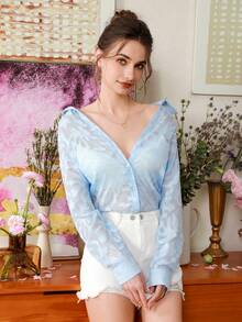 GENKIRA Quý cô Đúng mốt Họa tiết Ngẫu nhiên Tay áo dài Áo sơ mi - Màu xanh lam - Xem 6