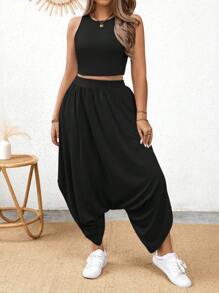 Calvaya 大码女装夏季纯色圆领背心和宽松哈伦裤休闲两件套