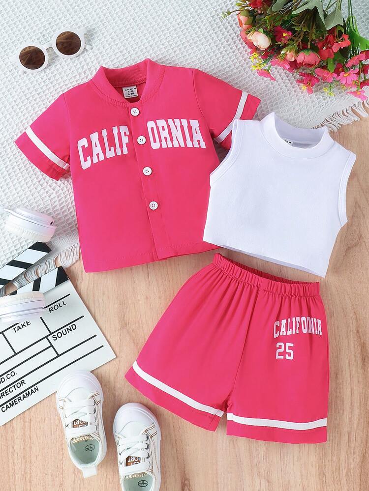 Baby Girl Solid Color Small Stand Collar Vest, Letter Print Short Sleeve Top And Shorts Casual Outfit