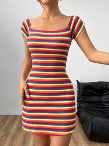 SHEIN EZwear Sọc Cầu vồng Dệt kim Off-shoulder Của phụ nữ Váy bodycon - Nhiều màu - Xem 5