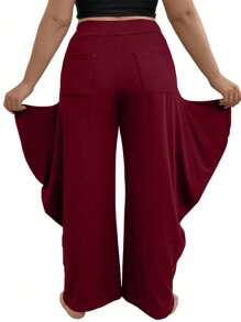 SHEIN Clasi Plus Size Solid Color Wide Leg Pants With Ruffle Hem Fall Cloth For Women - Burgundy - View 2