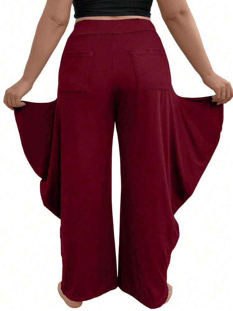 Plus Size Solid Color Wide Leg Pants With Ruffle Hem Fall Cloth For Women