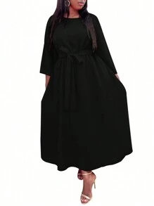 SHEIN Clasi 大尺寸純色束帶連身裙 - 黑色 - 查看 1