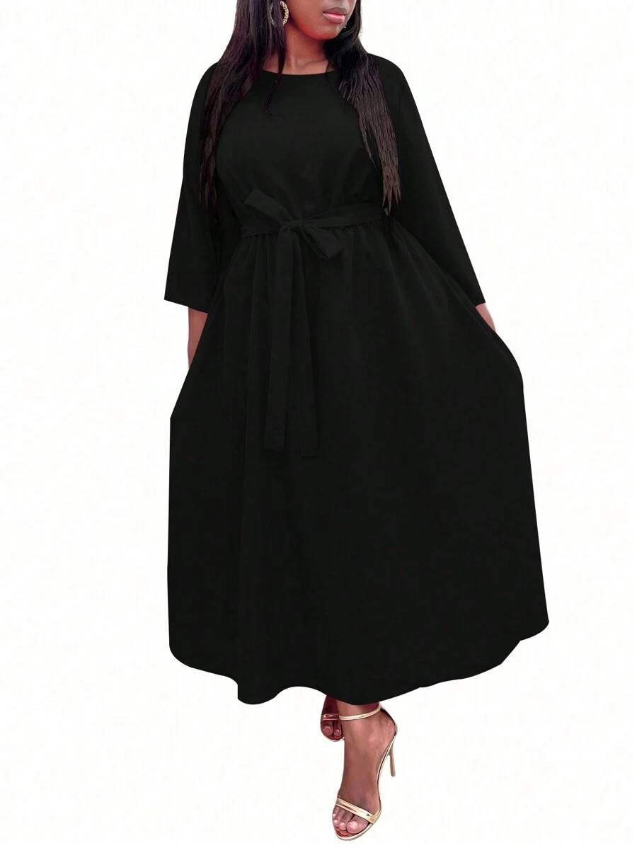 SHEIN Clasi 大尺寸純色束帶連身裙 - 黑色 - 查看 1