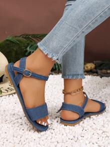 Moderna Decoración De Hebilla Llegada, Mujer Plana Sin Respaldo Zapatos De Sandalias - Azul - Ver 2