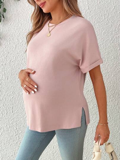 SHEIN Maternity Summer Side Split Young Casual Loose Round Neck Knit T-Shirt