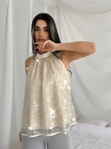 SHEIN Privé Sleeveless Shirt With Sparkling Embroidery Detail And Pleated Design - Apricot - View 6