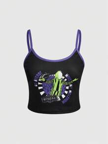 Beetlejuice | ROMWE Dark Gothic Horror Movie Patterned Cami Top & Pants Pajama Set, School - Black - View 3