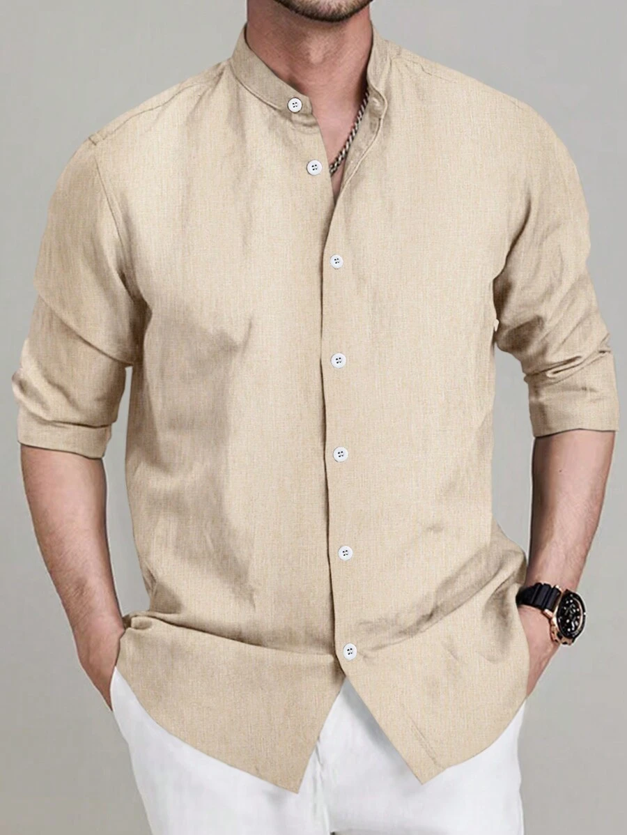 Manfinity Homme Men's Spring Casual Button-Front Long Sleeve Shirt - Khaki - View 1