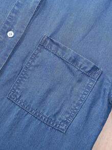 Teen Girl Basic Casual And Versatile Mid-Blue Washed Loose And Comfortable Denim Shirt Dress - Medium Wash - View 4