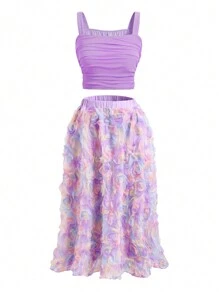 Set aus plissiertem ärmellosem Top und besticktem Rock für Teenager Mädchen einfarbig