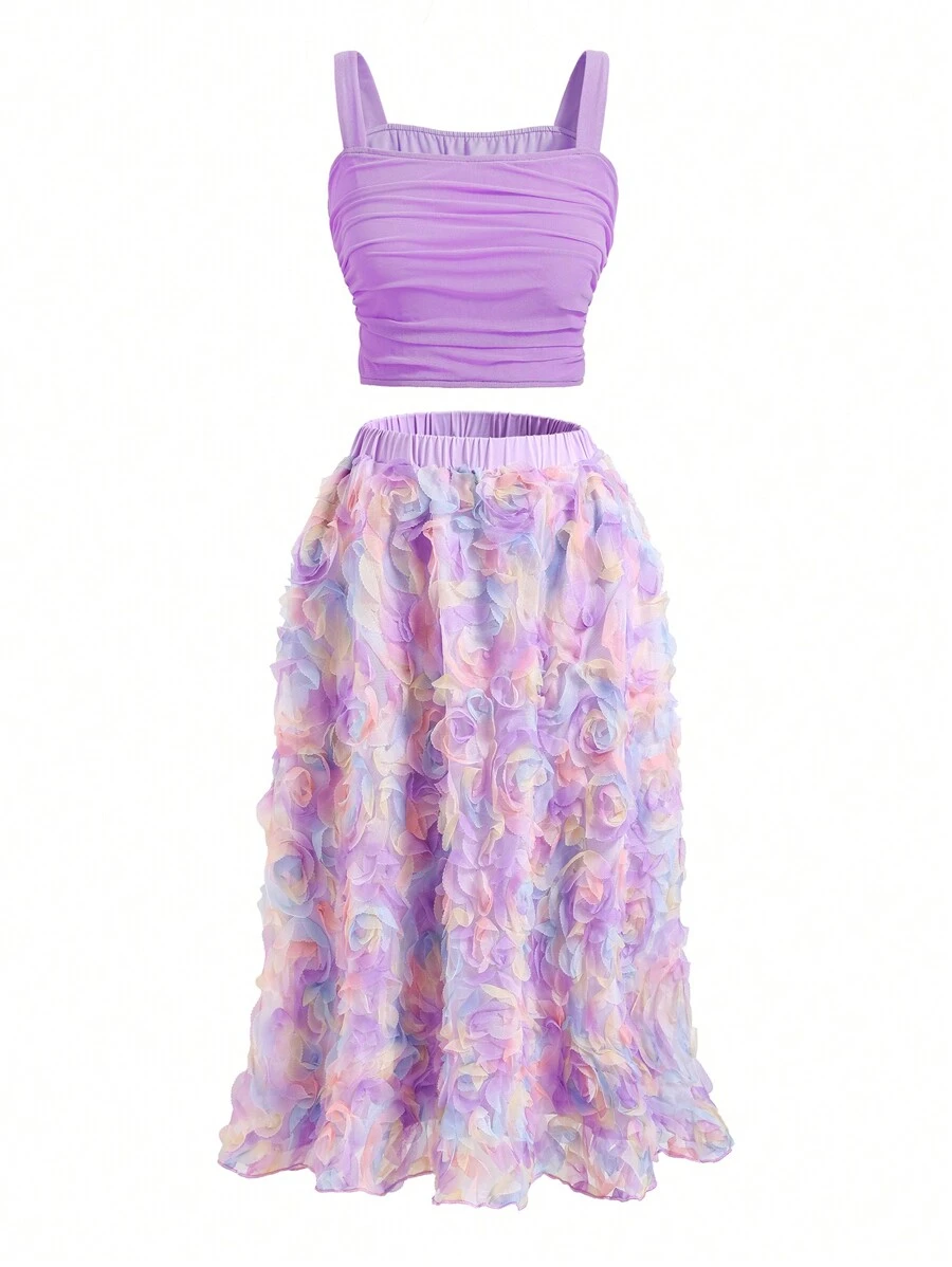 Set aus plissiertem ärmellosem Top und besticktem Rock für Teenager Mädchen einfarbig