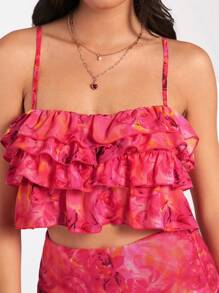 Forever 21 Summer Floral Print Ruffle Hem Cami Top, Vacation Style - Red - View 6