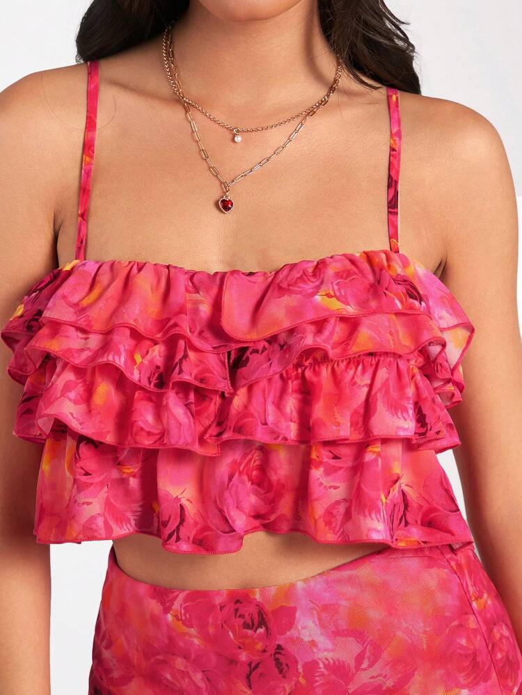 Summer Floral Print Ruffle Hem Cami Top, Vacation Style
