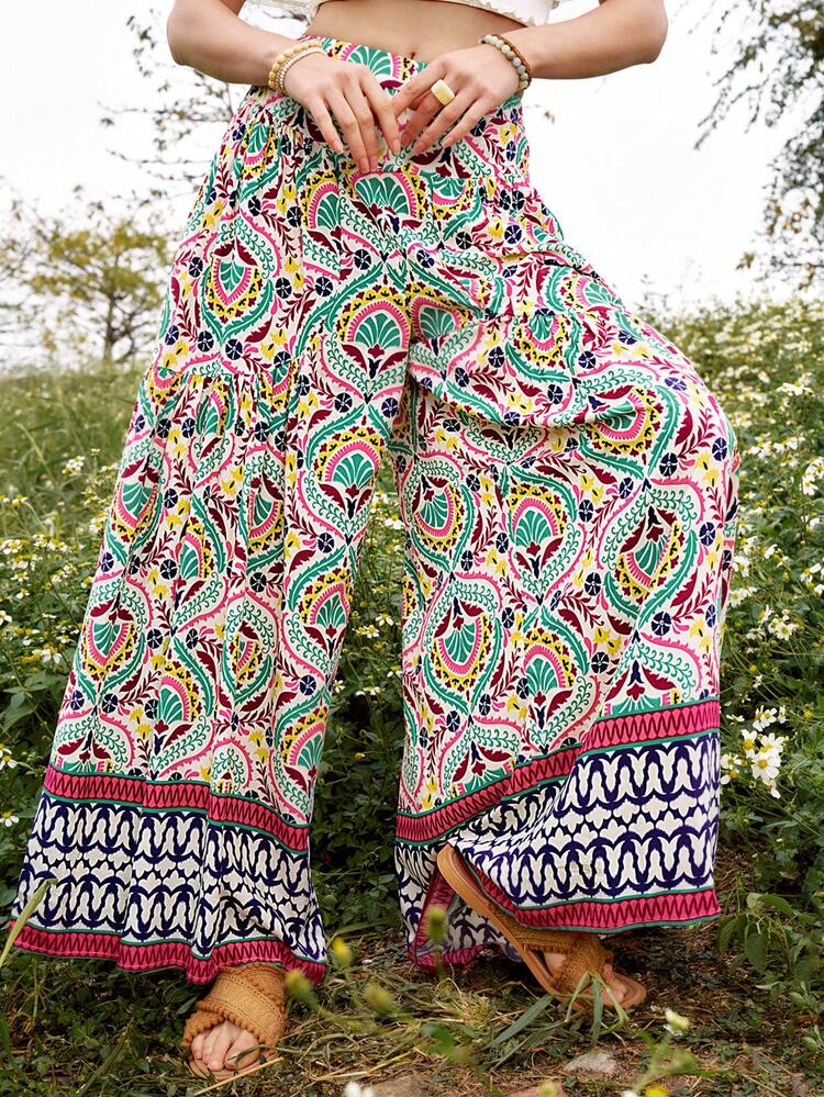 Women's Vintage Printed Wide Leg Pants For Holiday