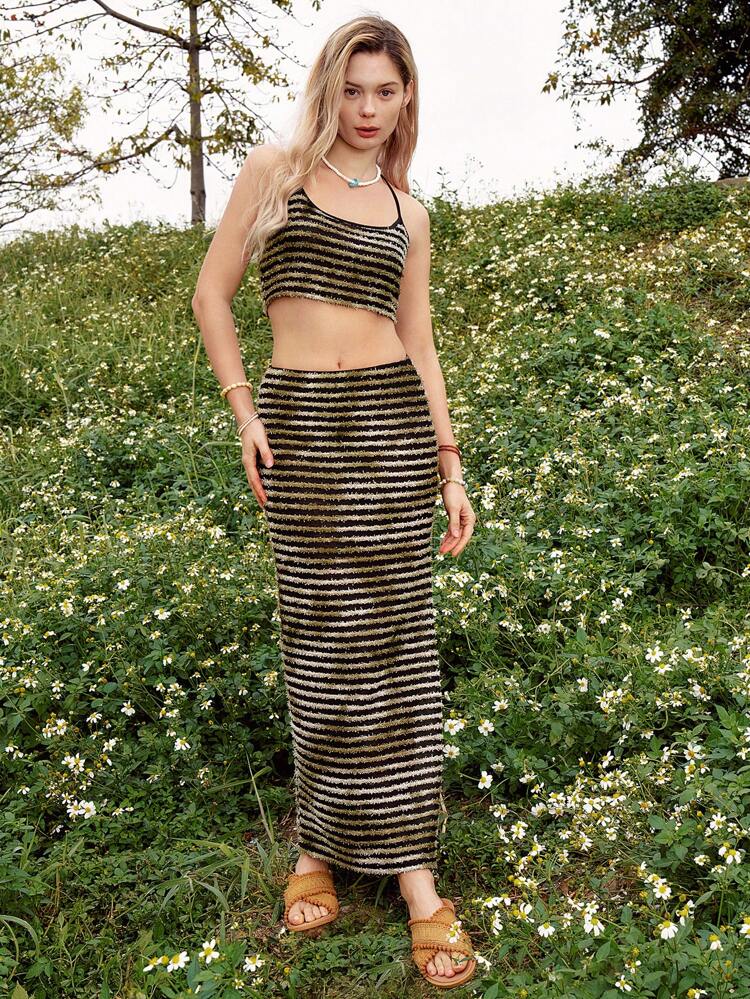 Casual Women Knitted Cami Top And Slit Skirt 2 Pieces Set