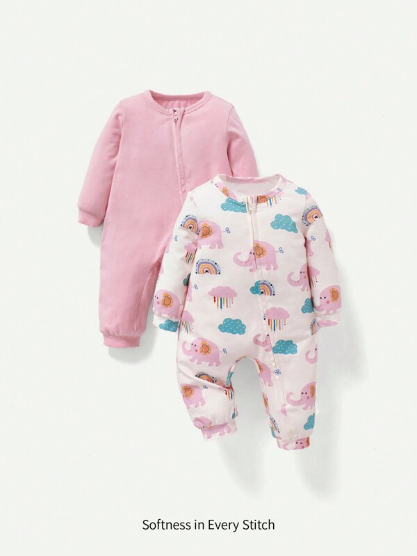 Cozy Pixies Niña recién nacida 2 piezas Mono con estampado de dibujos animados con cremallera