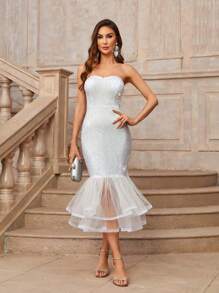 SHEIN Belle 優雅浪漫的精美華麗甜美白色低調奢華胸衣上衣高腰瘦身薄款修身擺尾網紗拼接蓬松立體馬尾綁髮拼接畢業光彩婚禮活動親子裝雞尾酒會裙裝裙子 - 白色 - 查看 8