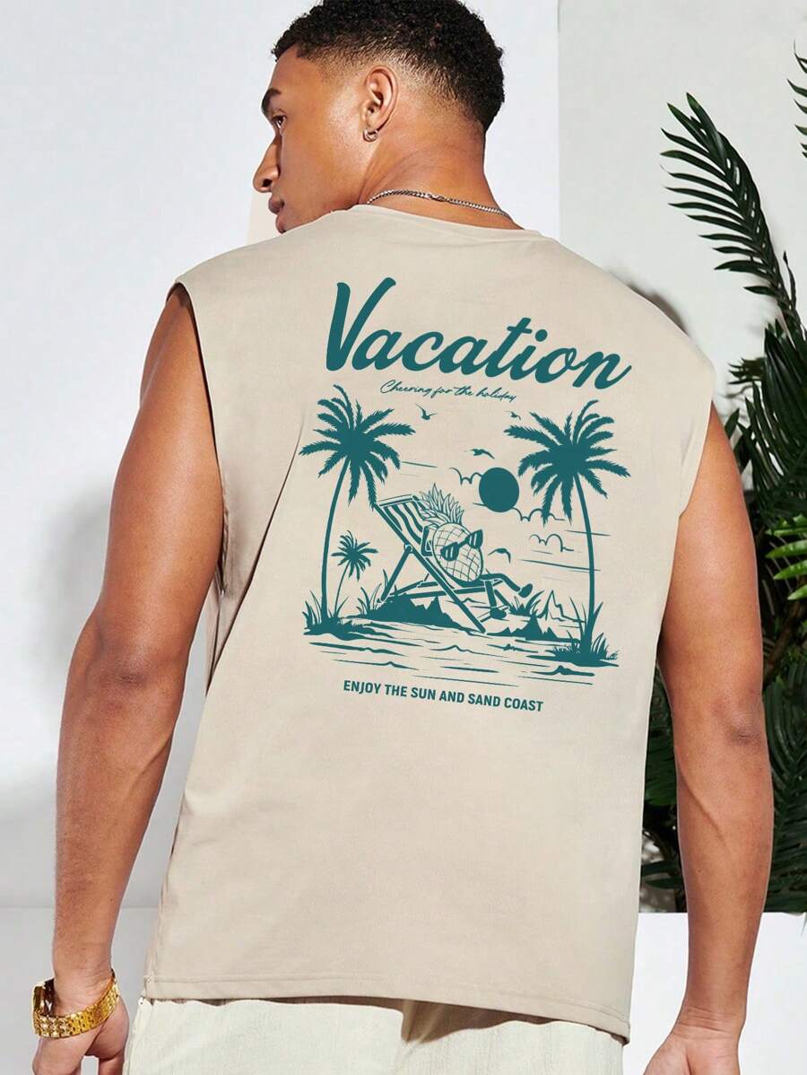 Manfinity Chillmode Camiseta sin mangas para hombre en color caqui con temática de playa impresa y gráficos de piñas. Elegante camiseta sin mangas para vacaciones y obsequio para novio - Caqui - Ver 1