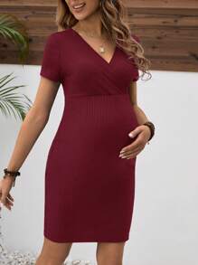 Vestido De Maternidad Veraniego Bodycon De Color Sólido Con Cuello En V Y Mangas Cortas - Burdeos - Ver 3