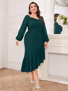 Modelyn Plus Size Spring/Summer Solid Color Lantern Sleeves Asymmetrical Hem Dress - Dark Green - View 6