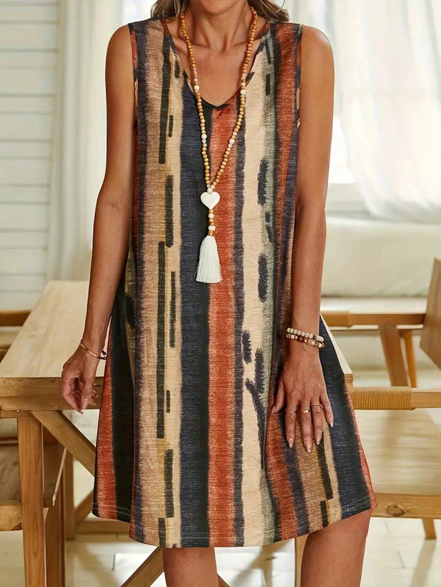 女士直條紋無袖V領連衣裙