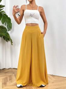 SHEIN EZwear 女性時尚高腰寬腳黃色織物褲,寬鬆設計 - 黃色 - 查看 3