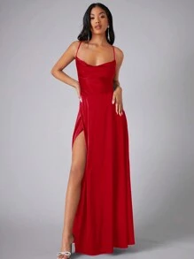 SHEIN Belle Draped Collar Wrap Hem Cami Dress - Red - View 1