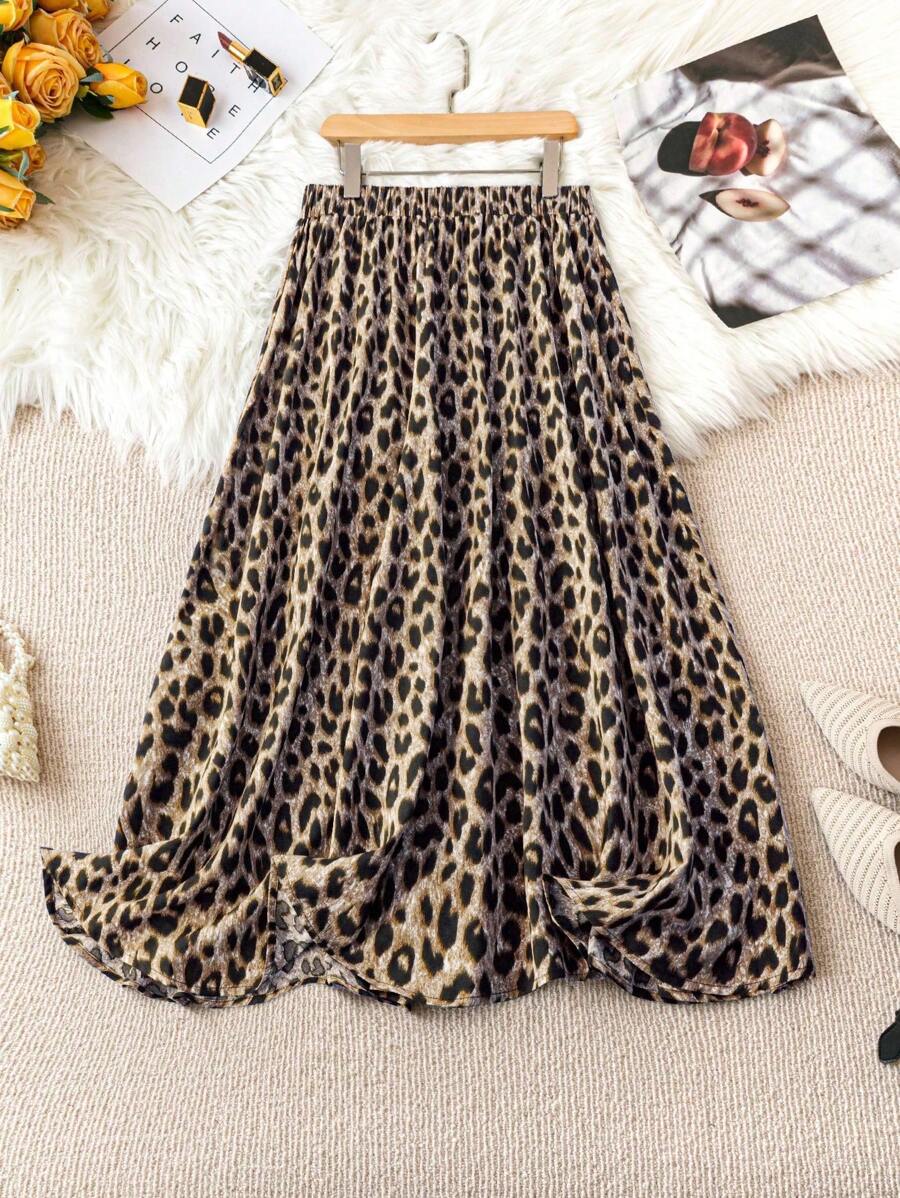 SHEIN LUNE Kích thước lớn Của phụ nữ In hoa Báo Eo đàn hồi Chiều dài trung bình Váy - Màu be - Xem 1