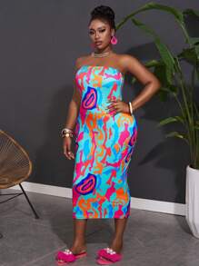 Slaydiva Plus Size Holiday Leisure Stretchy Knit Colorful Water Ripples Printed Strapless Bodycon Dress, For Summer