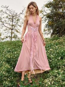 Bohemela Vacation Style Women's Butterfly Embroidered Halter Neck Backless Dress With Ruffled Hem - Mauve Purple - View 1