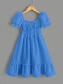 中小學女孩春夏季純色蓬蓬袖休閒裙,配有褶皺 - 藍色 - 查看 5