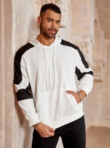 Manfinity Homme Men's Plus Size Fashionable Color Block Sweatshirt With Hood - Black and White - View 1
